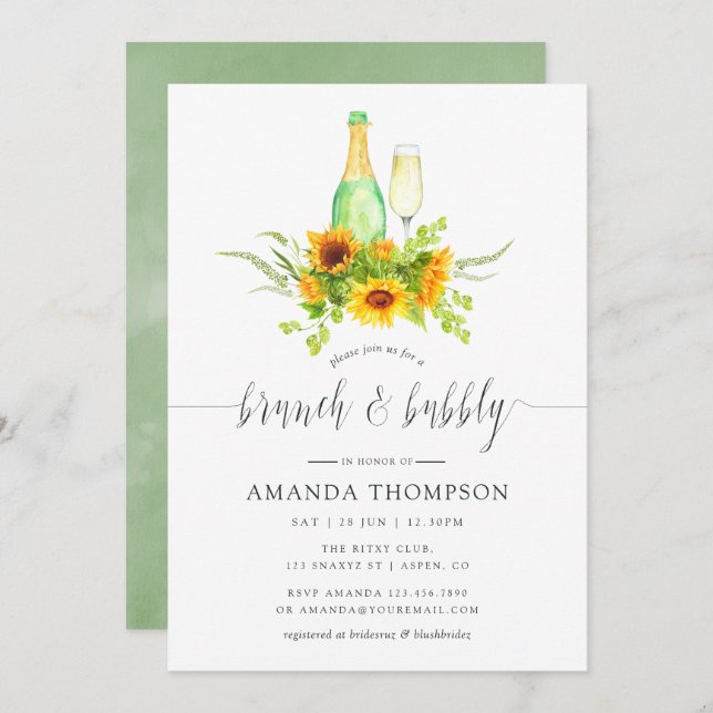 Invitación Watercolor Sunflowers Brunch y Bubbly (Anverso / Reverso)