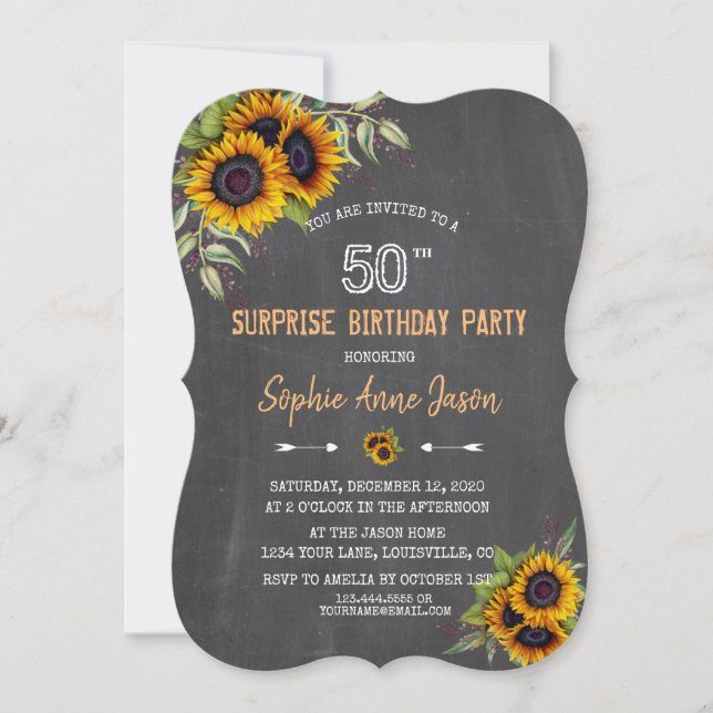 Invitación Watercolor Sunflowers Chalkboard 50 Cumpleaños (Anverso)