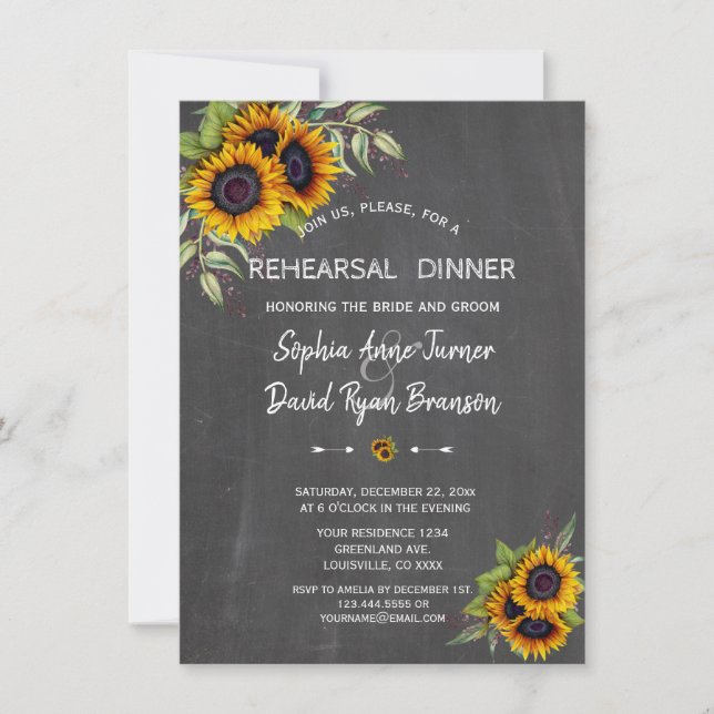 Invitación Watercolor Sunflowers Chalkboard Ensayo Cena (Anverso)