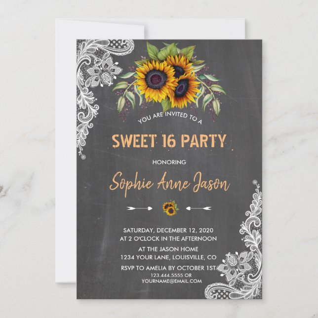 Invitación Watercolor Sunflowers Chalkboard Sweteen (Anverso)