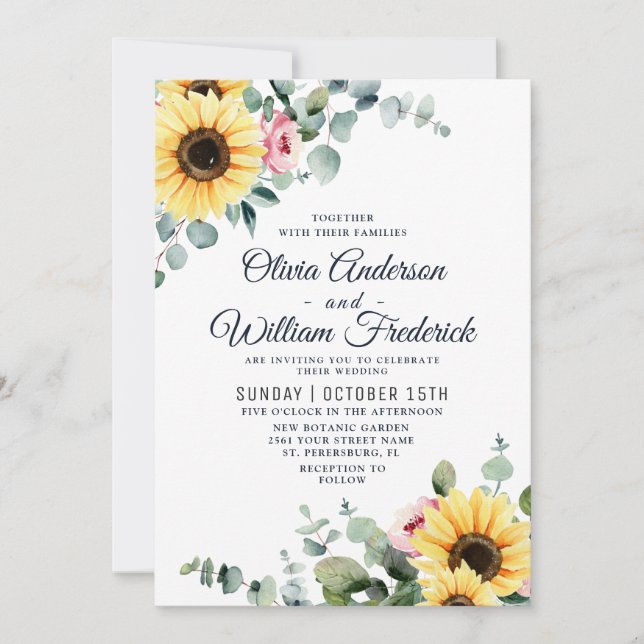 Invitación Watercolor Sunflowers Eucalyptus Bloom Boda (Anverso)