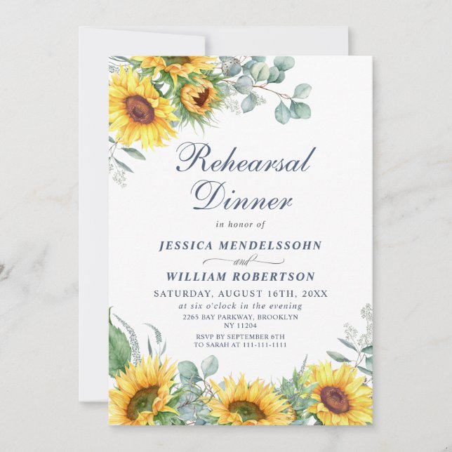 Invitación Watercolor Sunflowers Eucalyptus REHEARSAL DInner (Anverso)