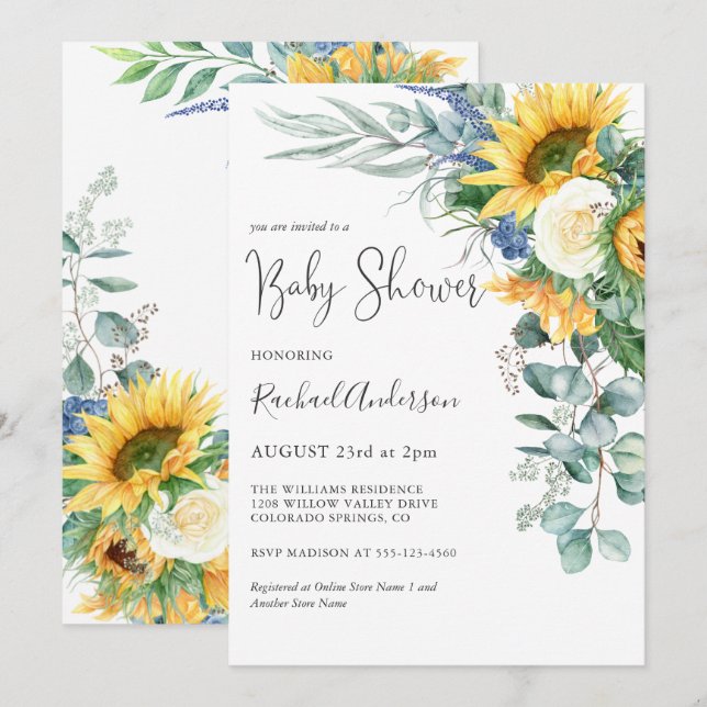 Invitación Watercolor Sunflowers Floral Baby Shower (Anverso / Reverso)