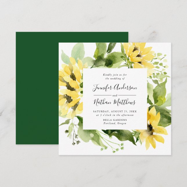 Invitación Watercolor Sunflowers Floral Frame Square Boda (Anverso / Reverso)