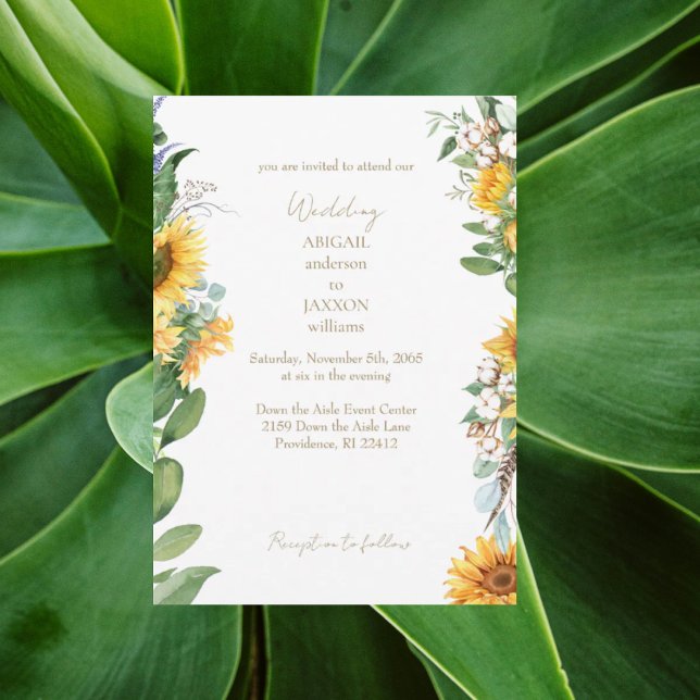 Invitación Watercolor Sunflowers Gold Boda de texto (Subido por el creador)