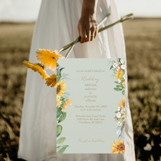 Invitación Watercolor Sunflowers Gold Text Sage Boda (Subido por el creador)