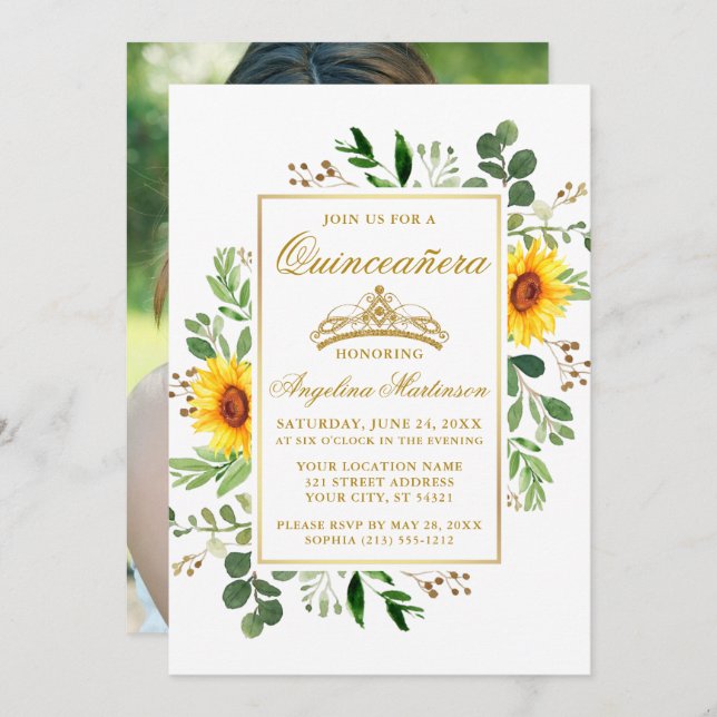 Invitación Watercolor Sunflowers Greenery Quinceanera Photo (Anverso / Reverso)