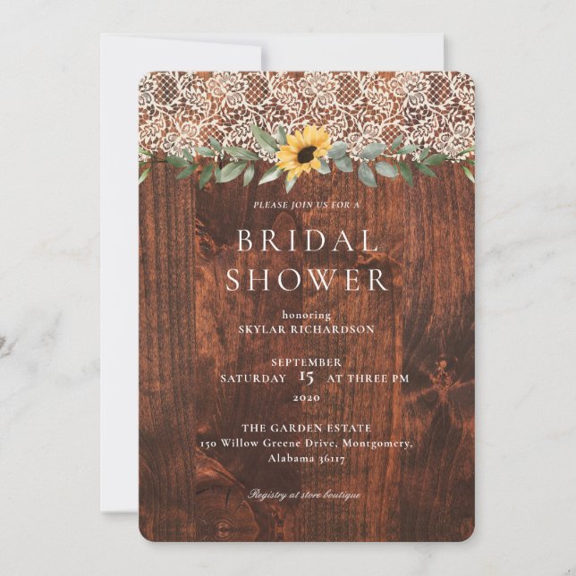 Invitación Watercolor Sunflowers Lace Woodgrain Bridal Shower (Anverso)