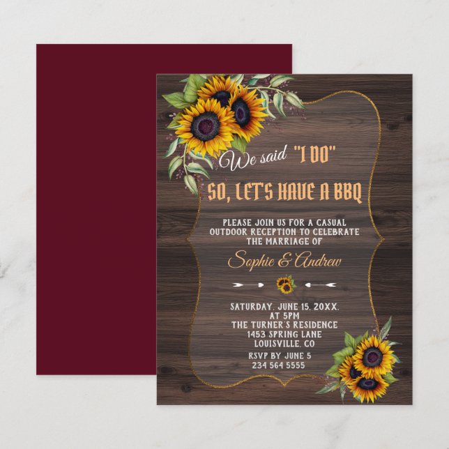 Invitación Watercolor Sunflowers Madera Borgoña I DO BBQ (Anverso / Reverso)