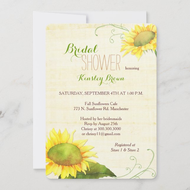 Invitación Watercolor Sunflowers Swirly Bridal Shower (Anverso)