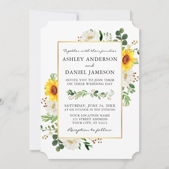 Invitación Watercolor Sunflowers White Floral Gold Boda (Anverso)