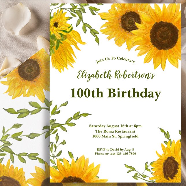 Invitación Watercolor Sunflowers Women's 100th Birthday  (Subido por el creador)
