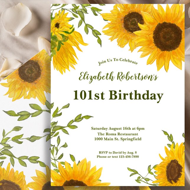 Invitación Watercolor Sunflowers Women's 101st Birthday  (Subido por el creador)