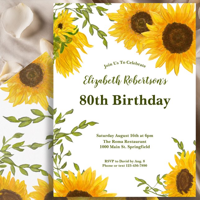 Invitación Watercolor Sunflowers Women's 80th Birthday  (Subido por el creador)