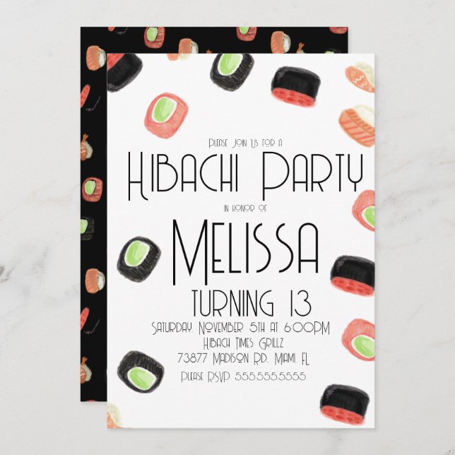 Invitación Watercolor Sushi Adolescente Birthday Hibachi Rest (Anverso / Reverso)