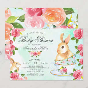 Invitación Watercolor Sweet Bunny Baby Shower Tea Fiesta