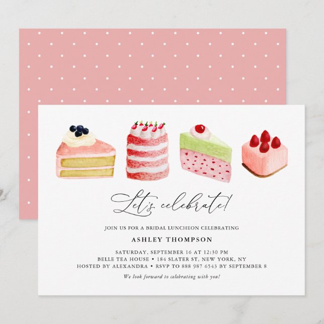 Invitación Watercolor Sweet Cakes Bridal Luncheon (Anverso / Reverso)