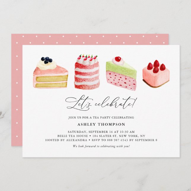 Invitación Watercolor Sweet Cakes Tea Fiesta Brunch (Anverso / Reverso)