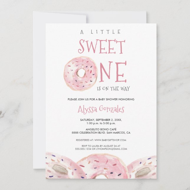 Invitación Watercolor Sweet One Donut tema Baby Shower (Anverso)