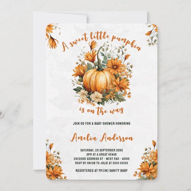 Invitación Watercolor Sweet Pumpkin Fall Baby Shower (Anverso)