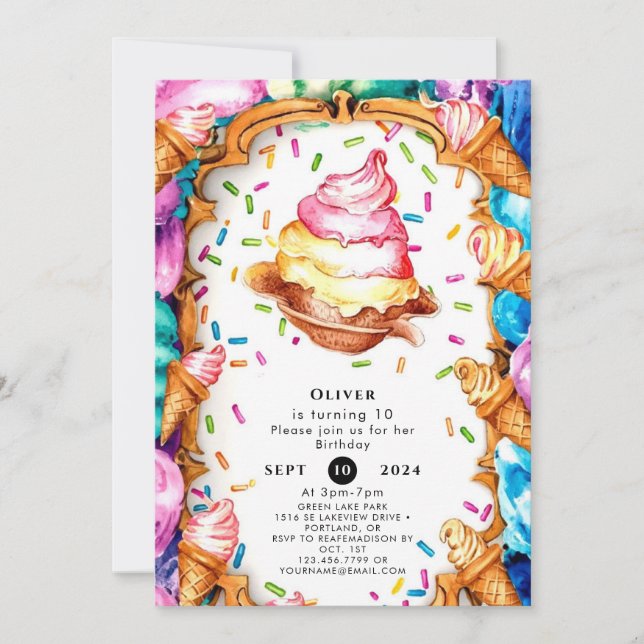Invitación Watercolor Sweop Scoop Ice Cream Cumpleaños (Anverso)
