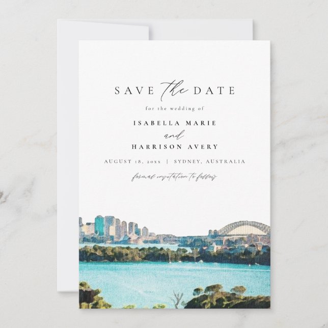 Invitación Watercolor Sydney Australia Skyline Save the Date (Anverso)