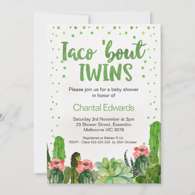 Invitación Watercolor Taco 'Bout Twins Fiesta Baby Shower (Anverso)