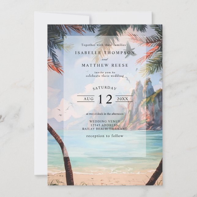 Invitación Watercolor Tailandia Tropical Beach Wedding (Anverso)