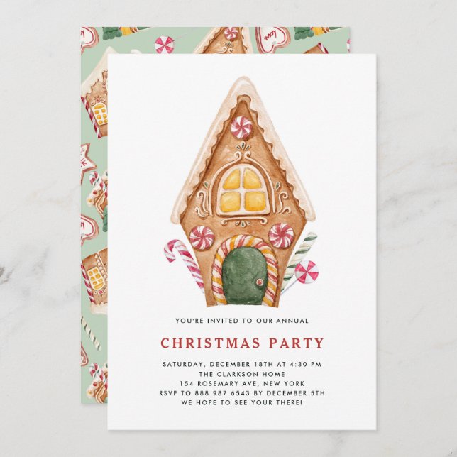 Invitación Watercolor Tall Gingerbread House Navidades Fiesta (Anverso / Reverso)