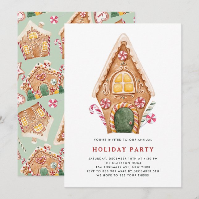 Invitación Watercolor Tall Ginglebread House Holiday Party (Anverso / Reverso)