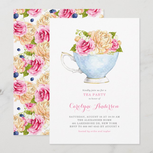 Invitación Watercolor Teacup Bouquet Flowers Tea Fiesta (Anverso / Reverso)