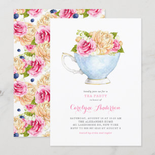 Invitación Watercolor Teacup Bouquet Flowers Tea Fiesta