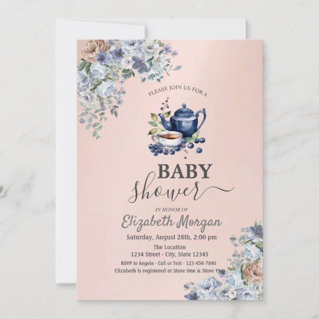 Invitación Watercolor Teapot Blueberry Floral Baby Shower (Anverso)