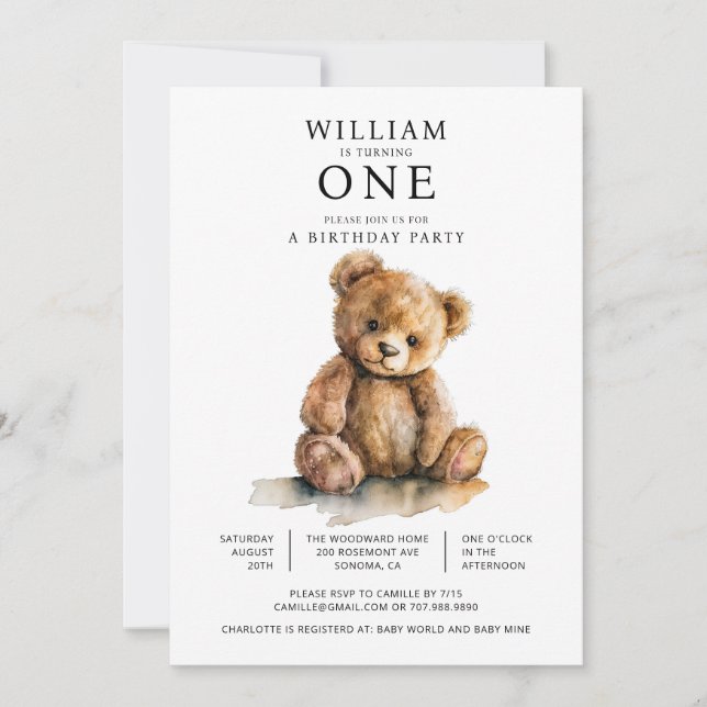Invitación Watercolor Teddy Bear 1st Birthday Party (Anverso)
