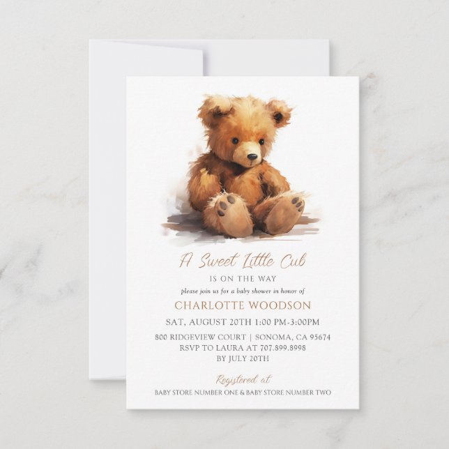 Invitación Watercolor Teddy Bear Baby Shower (Anverso)