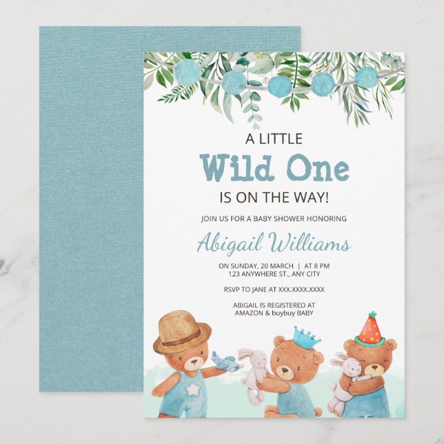 Invitación Watercolor Teddy Bear Baby Shower (Anverso / Reverso)