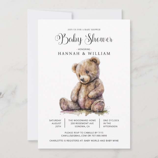 Invitación Watercolor Teddy Bear Baby Shower (Anverso)