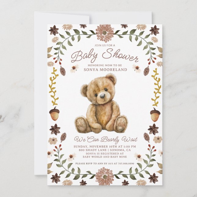 Invitación Watercolor Teddy Bear Baby Shower (Anverso)
