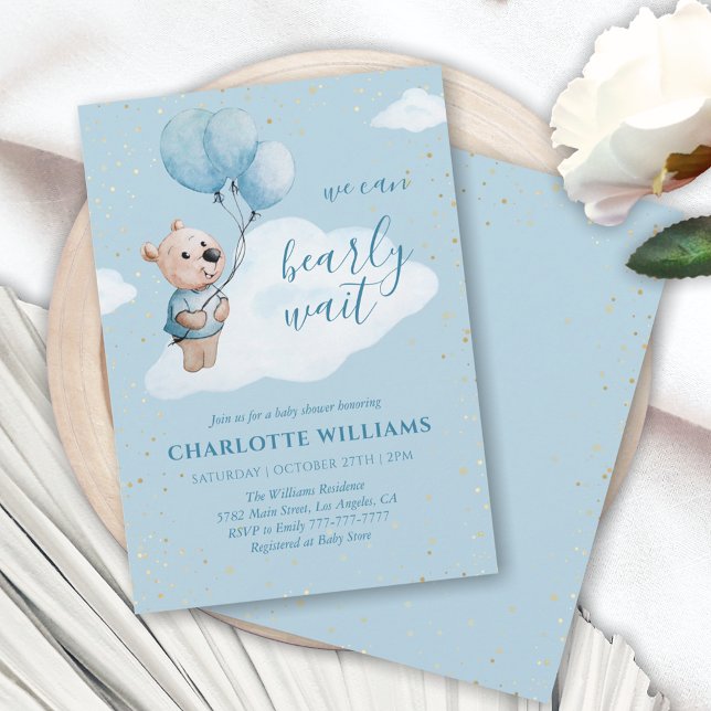 Invitación Watercolor Teddy Bear Baby Shower Gold y Blue (Subido por el creador)