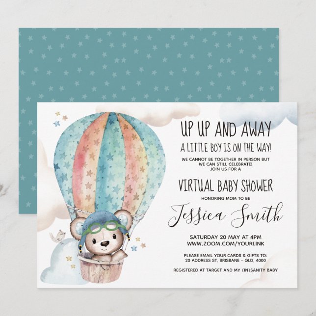 Invitación Watercolor Teddy Bear | Baby Shower virtual (Anverso / Reverso)