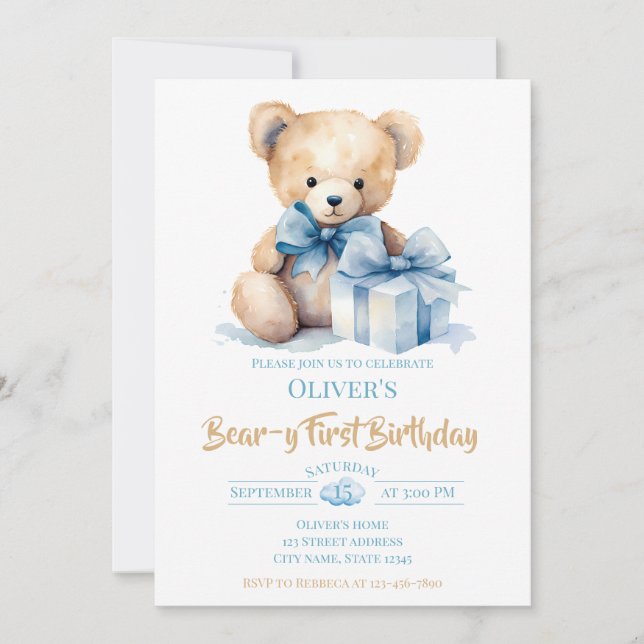 Invitación Watercolor Teddy Bear Bear-y First Birthday Party (Anverso)