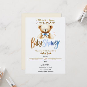 Invitación Watercolor Teddy Bear Bearly Blue Baby Shower