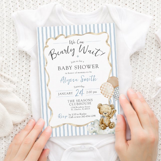 Invitación Watercolor Teddy Bear Bearly Wait Baby Shower (Cute teddy bear theme We Can Bearly Wait bow checkerboard balloons blue baby boy shower invitation)