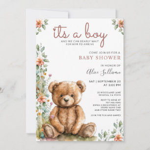 Invitación Watercolor Teddy Bear Boy Baby Shower