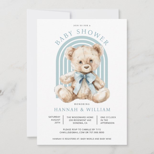 Invitación Watercolor Teddy Bear Boy Baby Shower azul (Anverso)