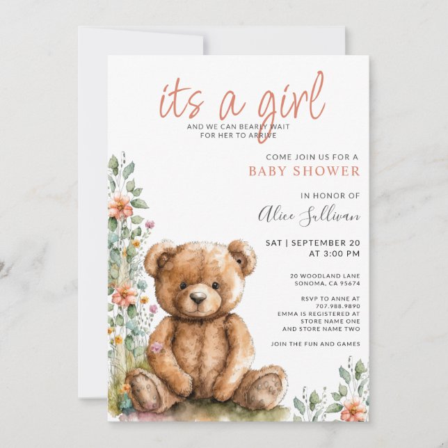 Invitación Watercolor Teddy Bear Chica Baby Shower (Anverso)