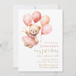 Invitación Watercolor Teddy Bear Girl 1st Birthday