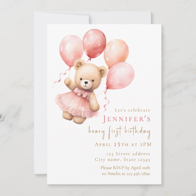 Invitación Watercolor Teddy Bear Girl 1st Birthday (Anverso)