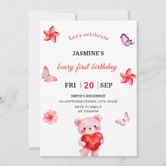 Invitación Watercolor Teddy Bear Girl 1st Birthday Invitation