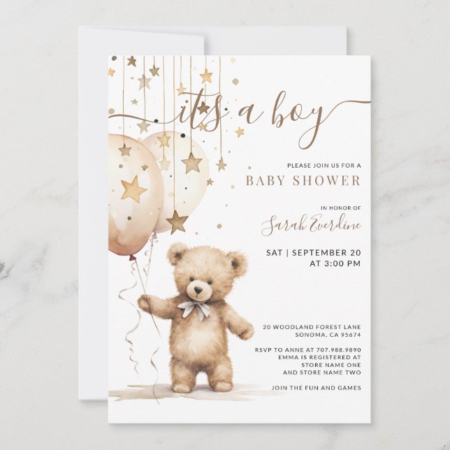 Invitación Watercolor Teddy Bear Globons Boy Baby Shower (Anverso)